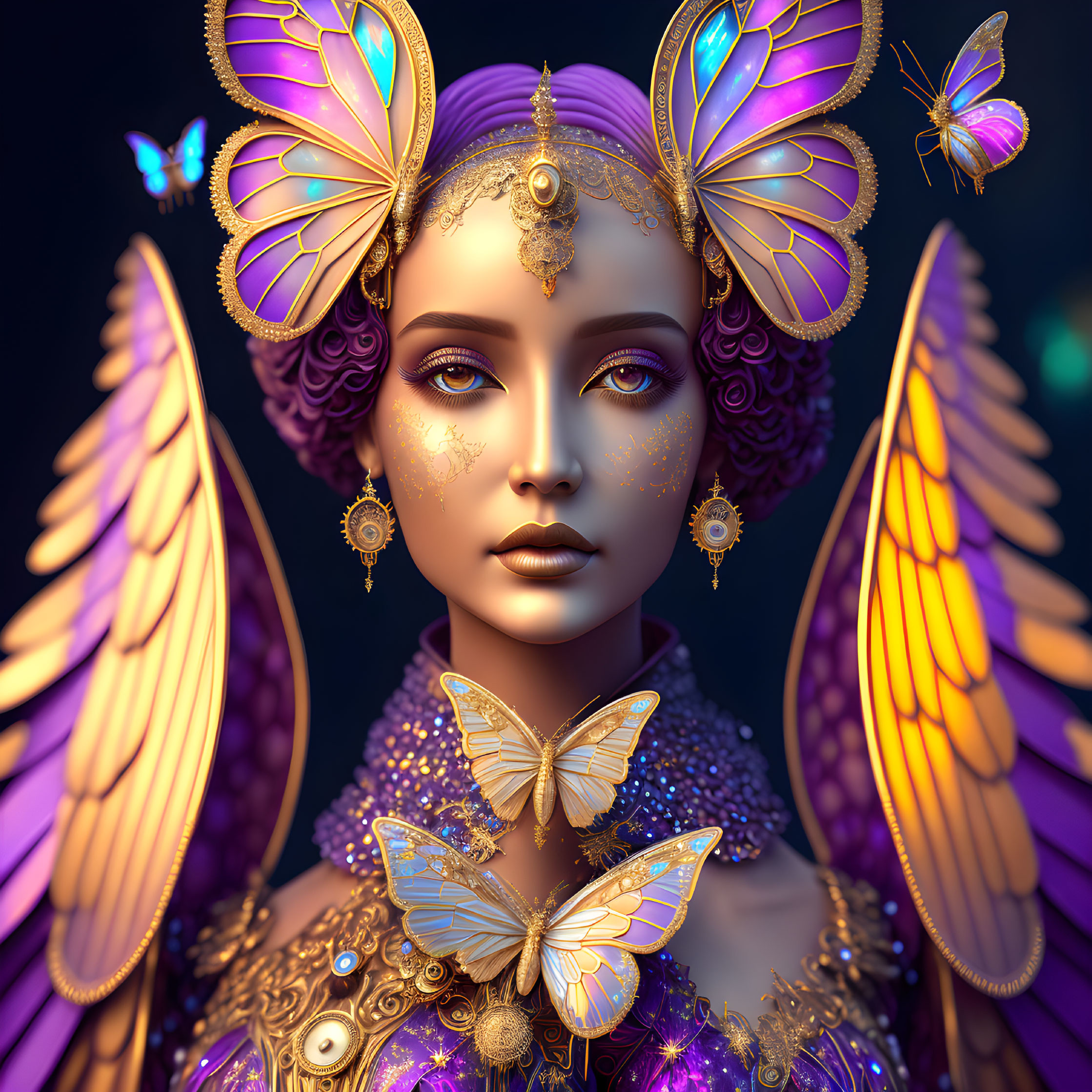 Digital artwork: Person with butterfly adornments in vibrant purples and golds surrounded by butterflies on