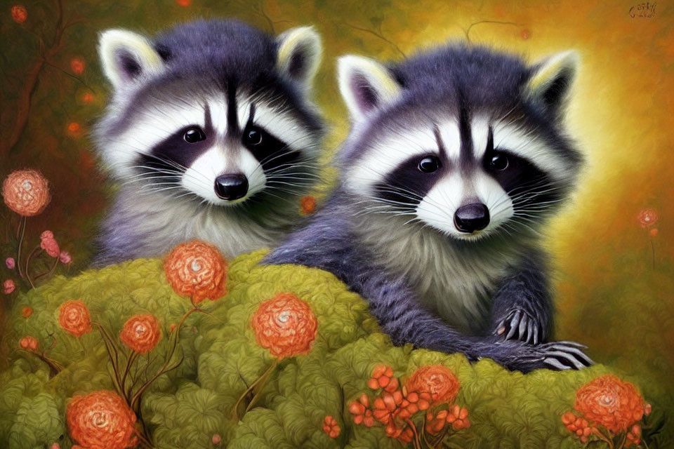 Two raccoons in greenery with orange flowers on golden backdrop