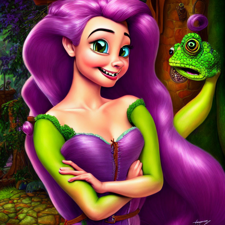Animated woman with purple hair and green dress smiling at chameleon in forest.