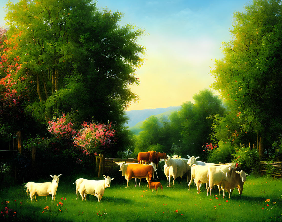 Tranquil rural landscape with cows, goats, greenery, blooming trees, and golden sky