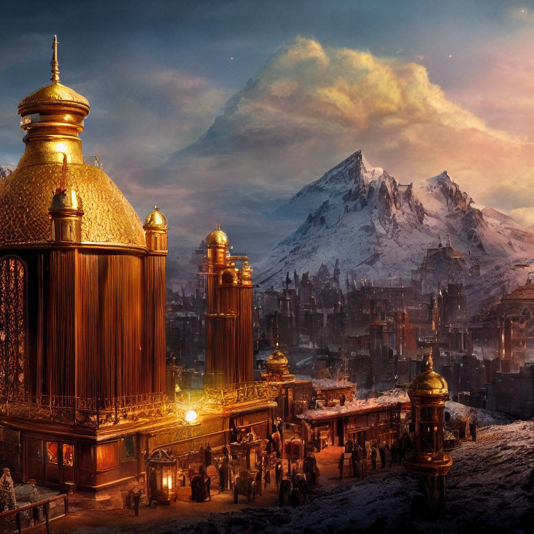 Fantasy cityscape at dusk with golden domes, snowy peaks, and bustling market.