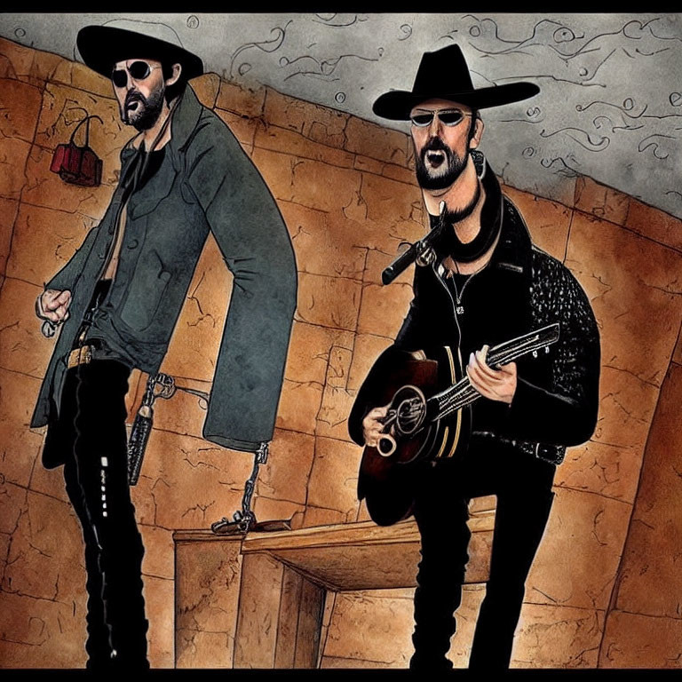 Two cowboy-styled animated men with hats and sunglasses, one holding a guitar, on earthy backdrop