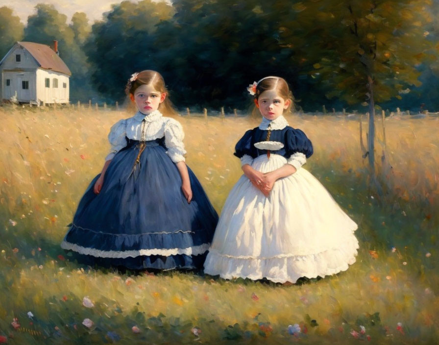 Vintage-dressed girls in sunny field with wildflowers and quaint house