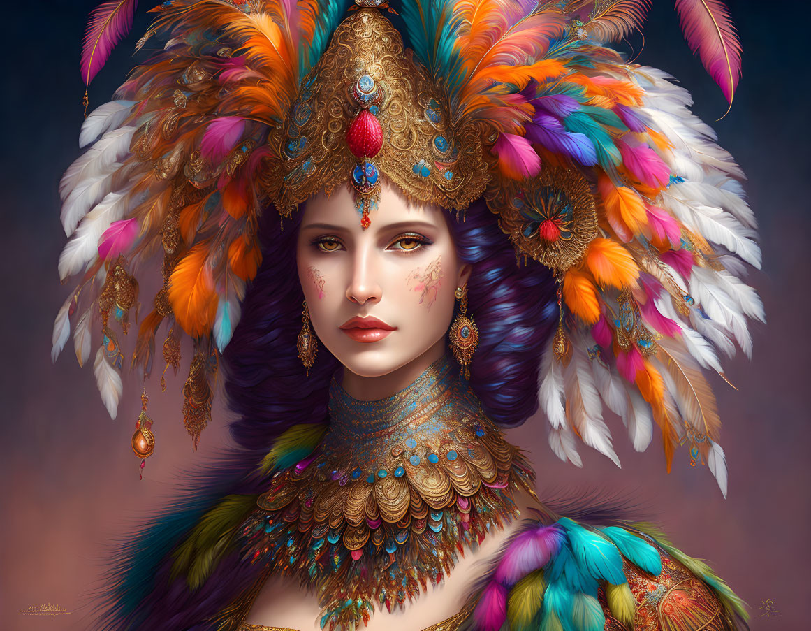 Illustrated Woman in Colorful Feather Headdress and Golden Jewelry