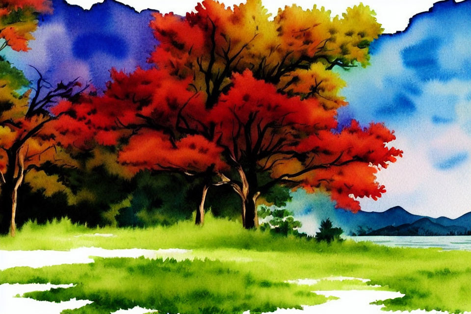 Vibrant watercolor painting of autumn trees with red leaves and blue skies
