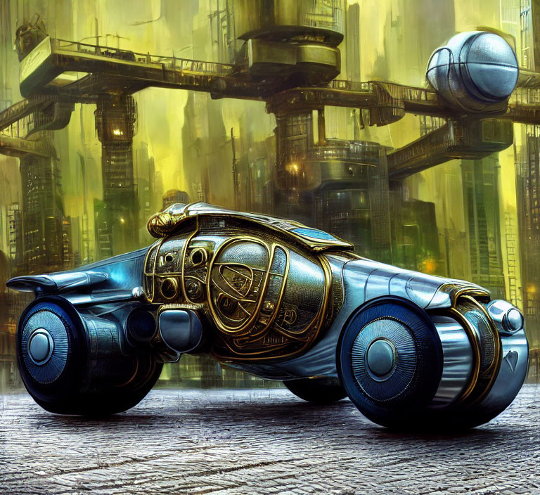 Futuristic blue vehicle with spherical wheels in cityscape