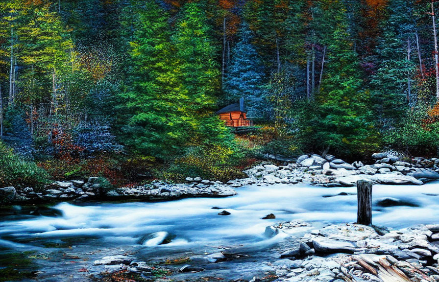 Tranquil river in autumn woods with cozy cabin