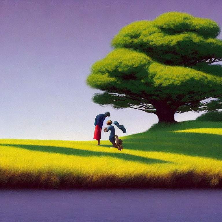 Two people, a dog, and a tree in a serene purple sky setting