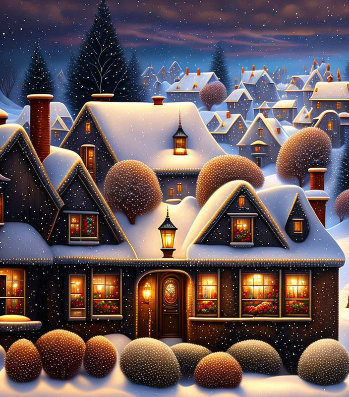 Snow-covered cottages and festive winter decor in twilight scene