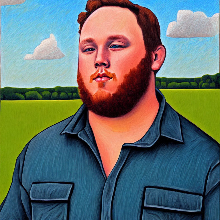 Stylized portrait of a bearded man in blue shirt against vibrant landscape