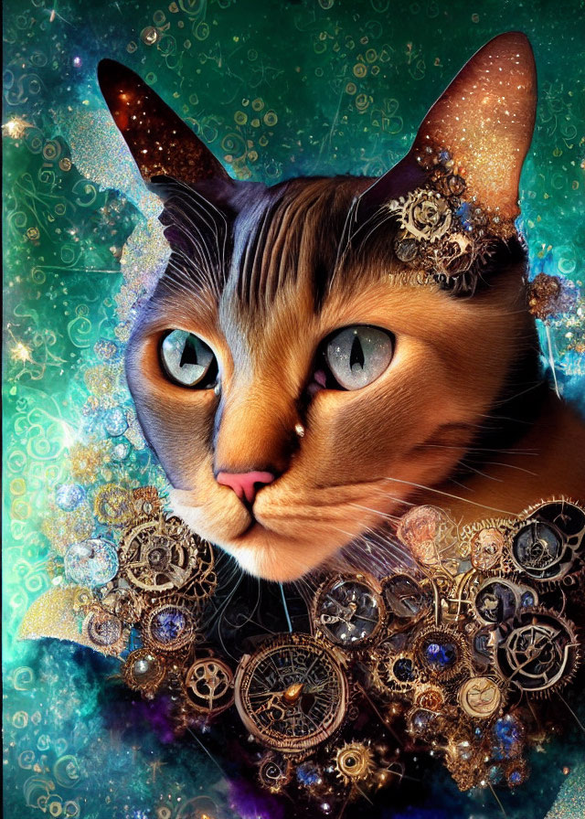Steampunk-inspired cat digital artwork with expressive blue eyes on ornate turquoise background