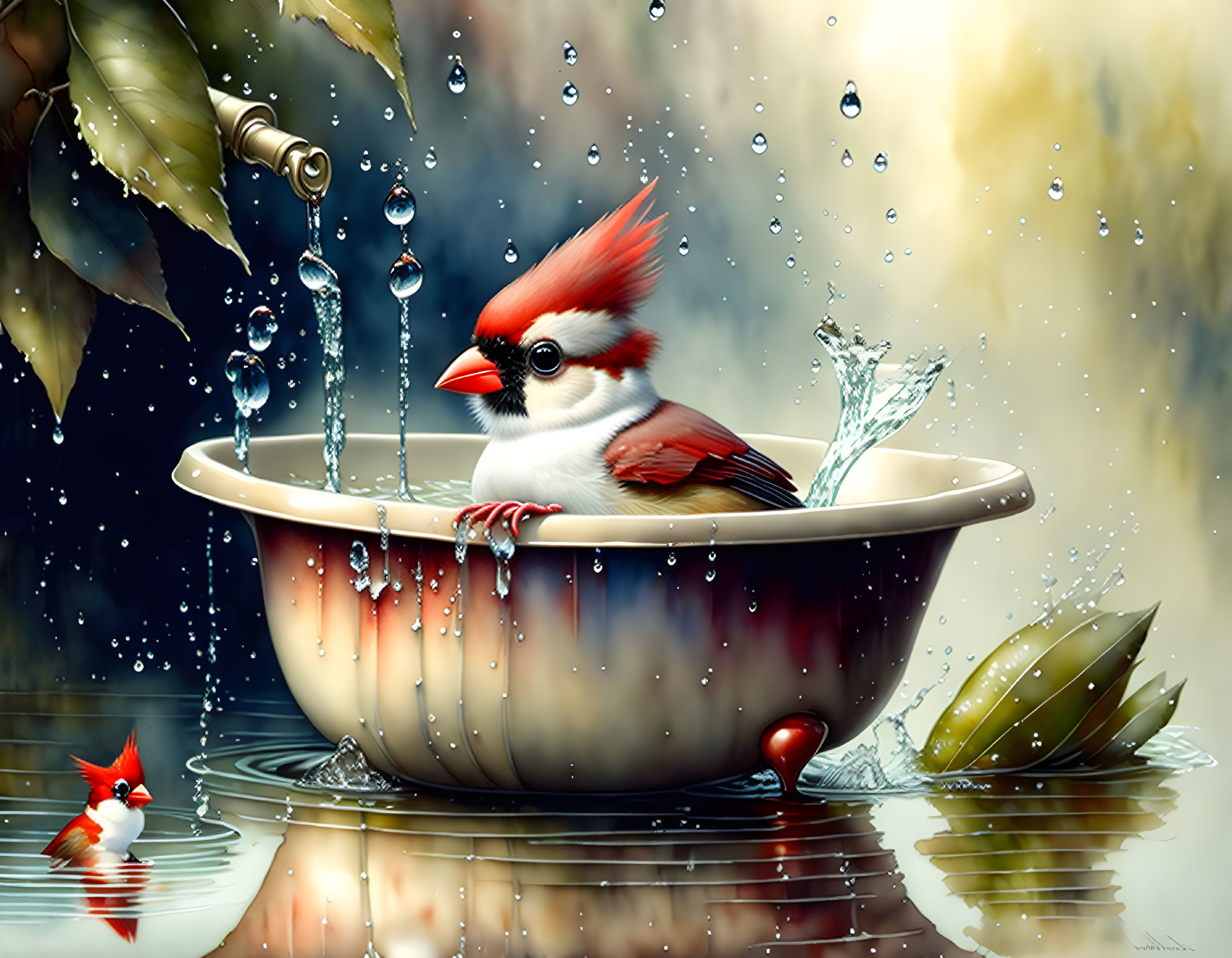 Cardinal in the Rain Tub