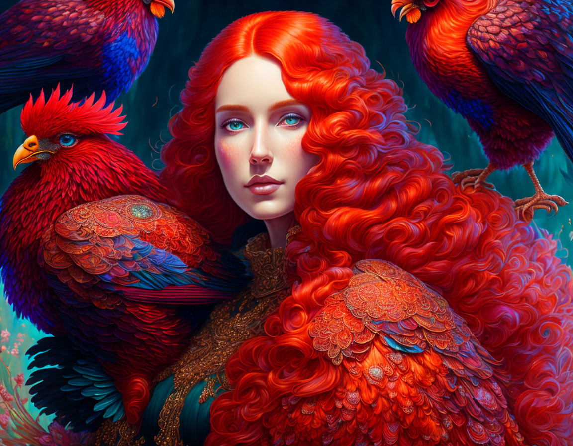 Vibrant red curly hair woman with red and blue birds on deep blue background