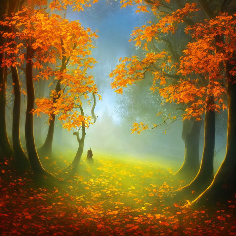 Vibrant orange trees in autumn forest scene with figure walking on path