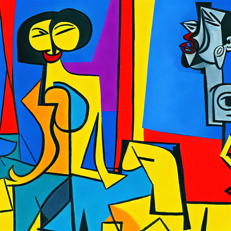 Vivid Abstract Painting: Stylized Figures in Yellow and Red