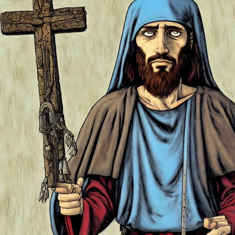 Stylized illustration of bearded figure in blue cloak with cross