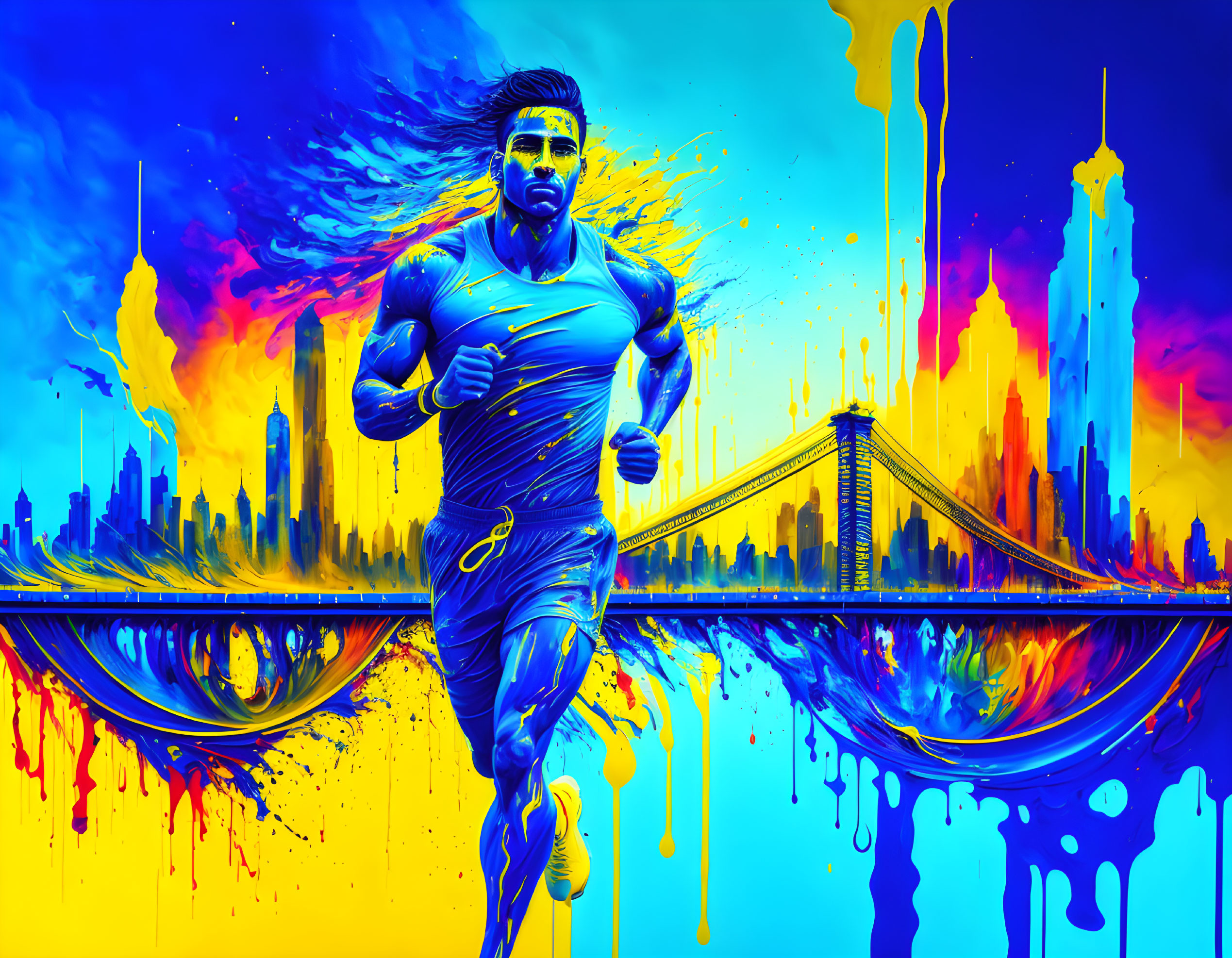 Colorful digital artwork: man running with vibrant cityscape & bridge in background.