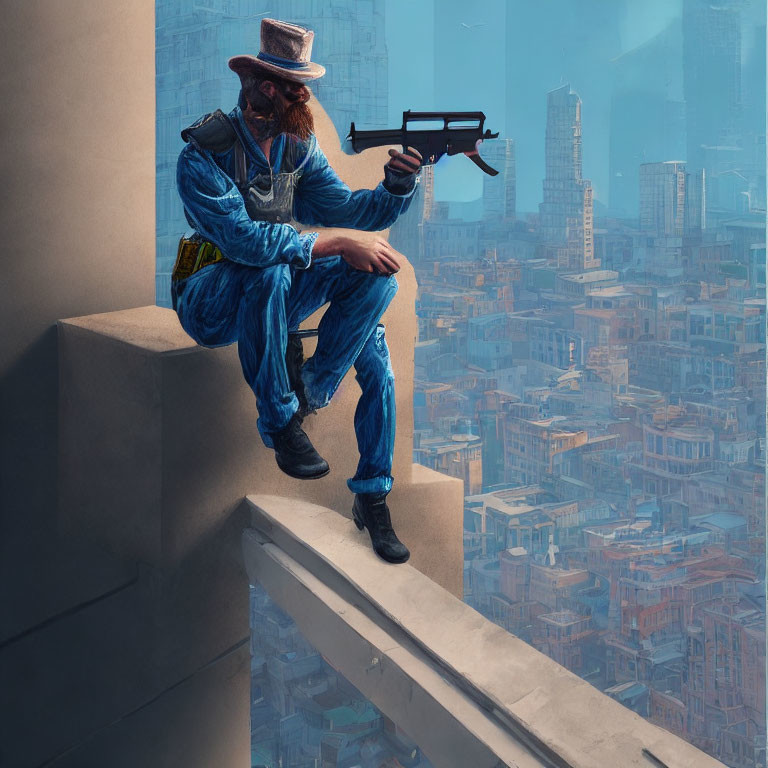 Man in blue outfit examines drone on high ledge overlooking futuristic cityscape
