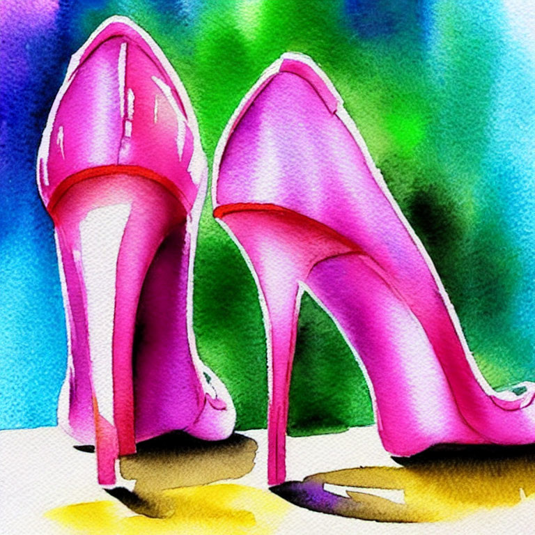 Colorful Watercolor Painting of Pink High-Heeled Shoes