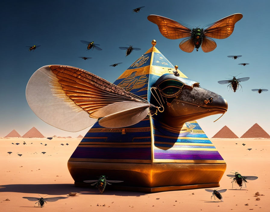 Sphinx Pyramid with Glasses and Bee Wings in Desert Scene