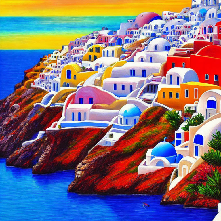 Colorful Cliffside Buildings with Domed Roofs Overlooking Sea at Sunset