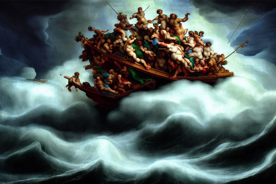Exaggerated muscular figures in crowded boat amid stormy waves