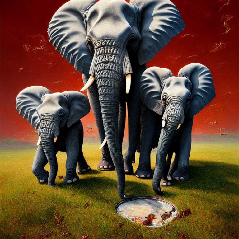 Three elephants with human eyes and koi fish in reflective pool on red backdrop