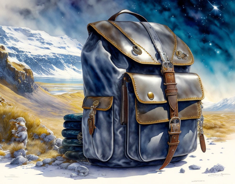 Surreal oversized leather backpack in snowy mountain landscape
