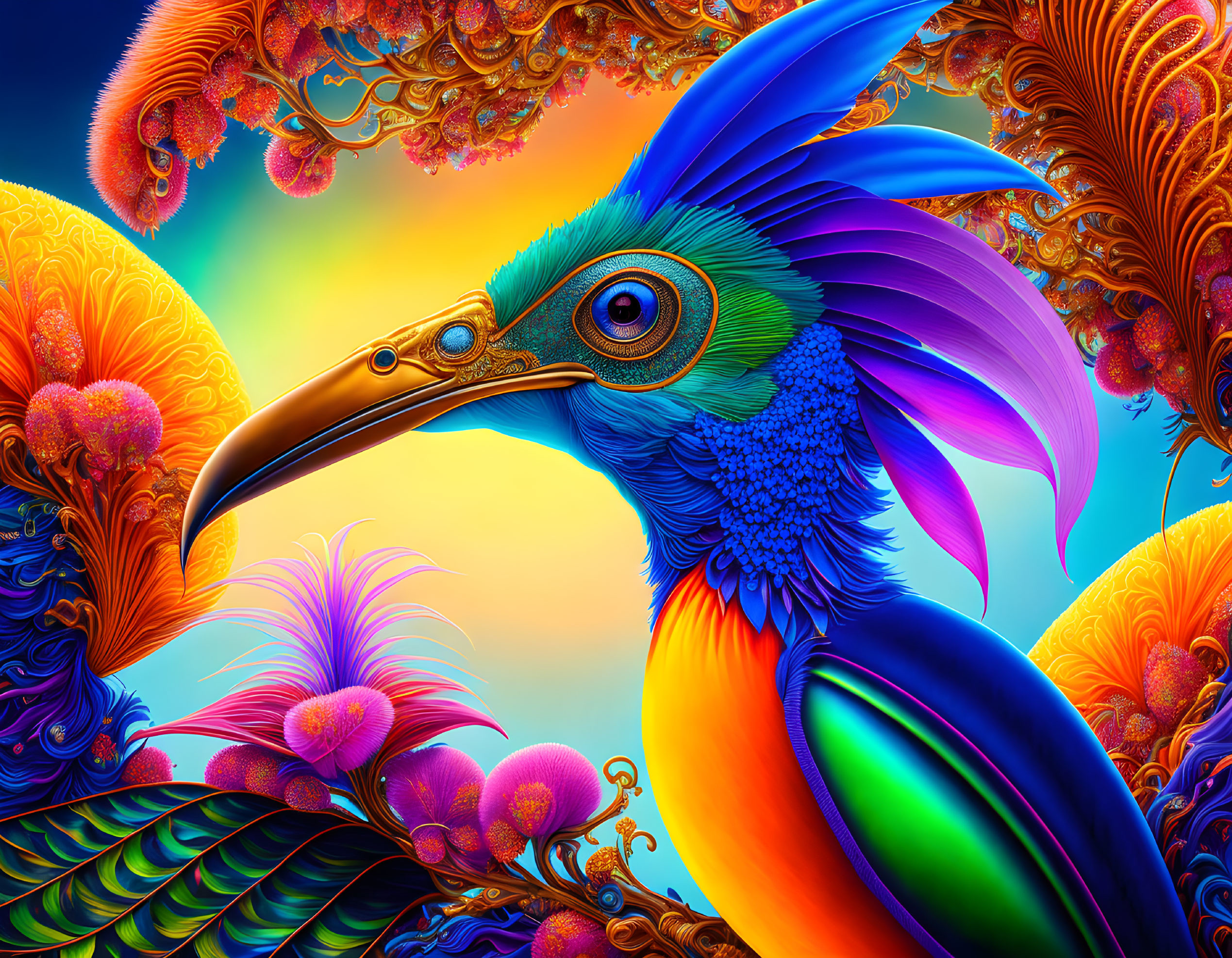 Colorful digital artwork of fantastical bird with long beak and intricate feather patterns