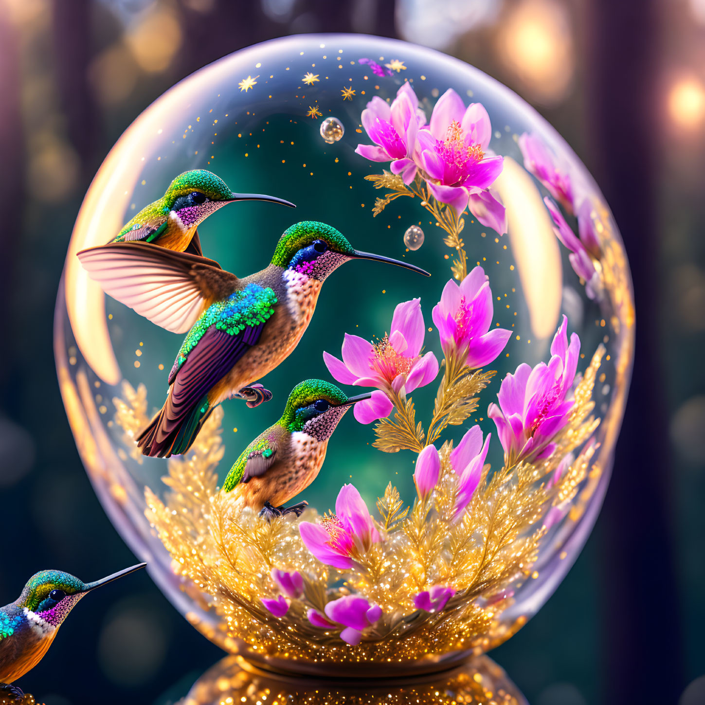 Colorful crystal ball with hummingbirds, pink blossoms, and golden accents on bokeh-lit