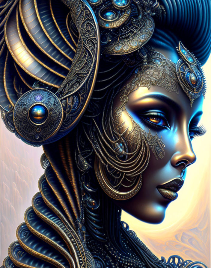 Intricate digital artwork: Woman with metallic headdress and blue gemstones