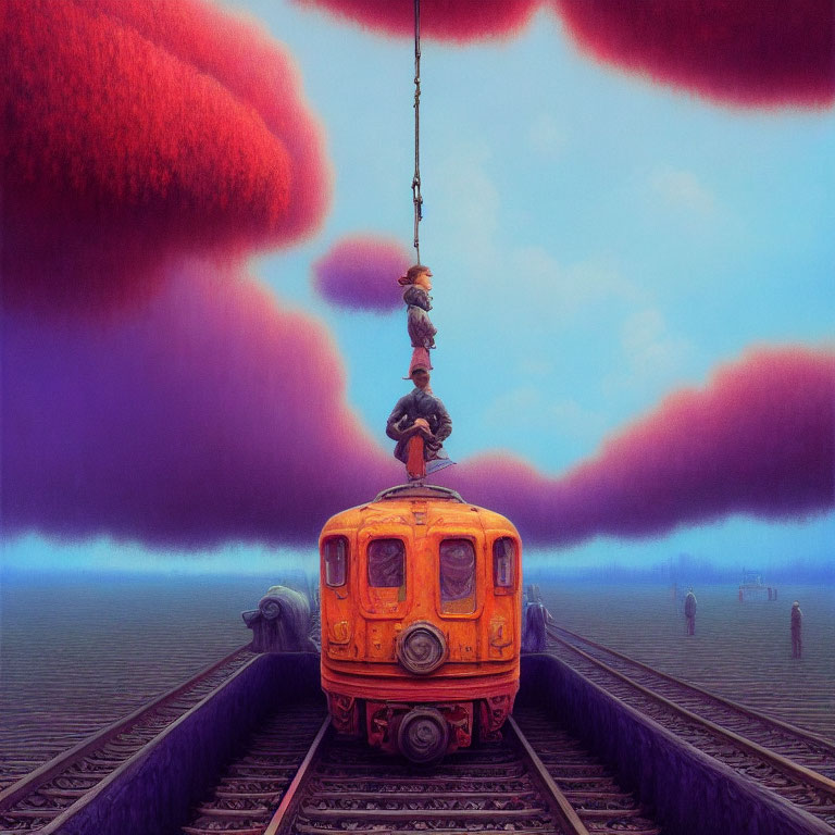 Vintage orange train with people climbing chain under purple sky