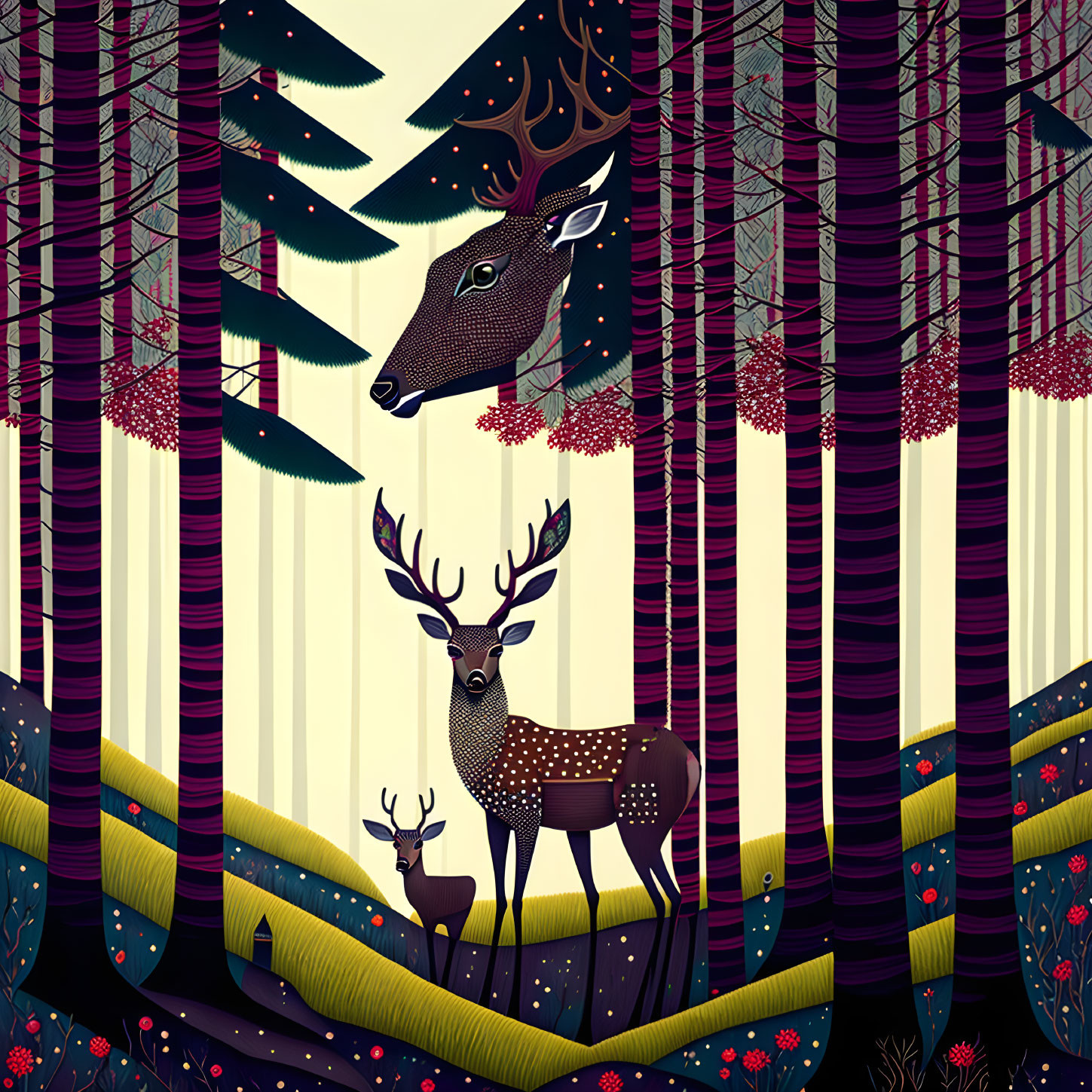 Colorful Stylized Illustration of Three Deer in Striped Tree Landscape