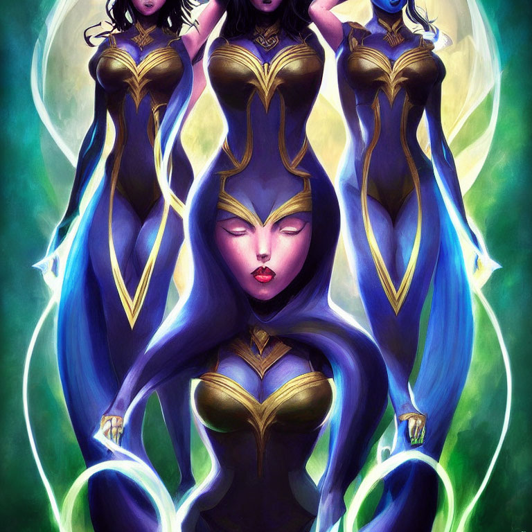 Stylized Female Figures in Blue and Gold Attire with Green Energy Background