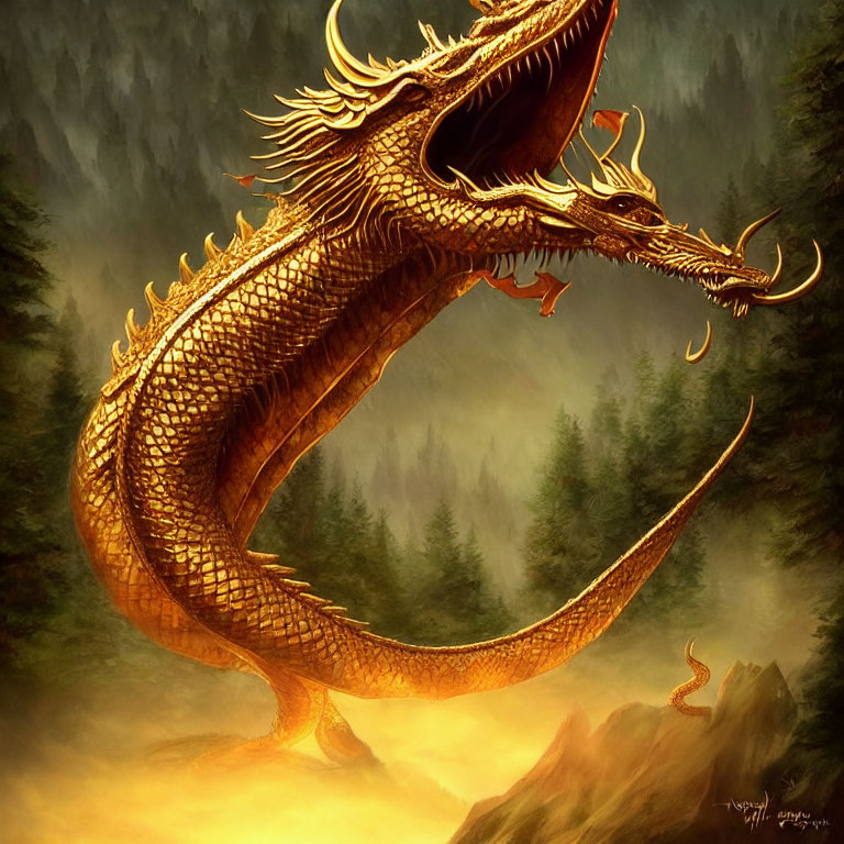 Golden dragon with serpentine body and sharp horns in forest setting