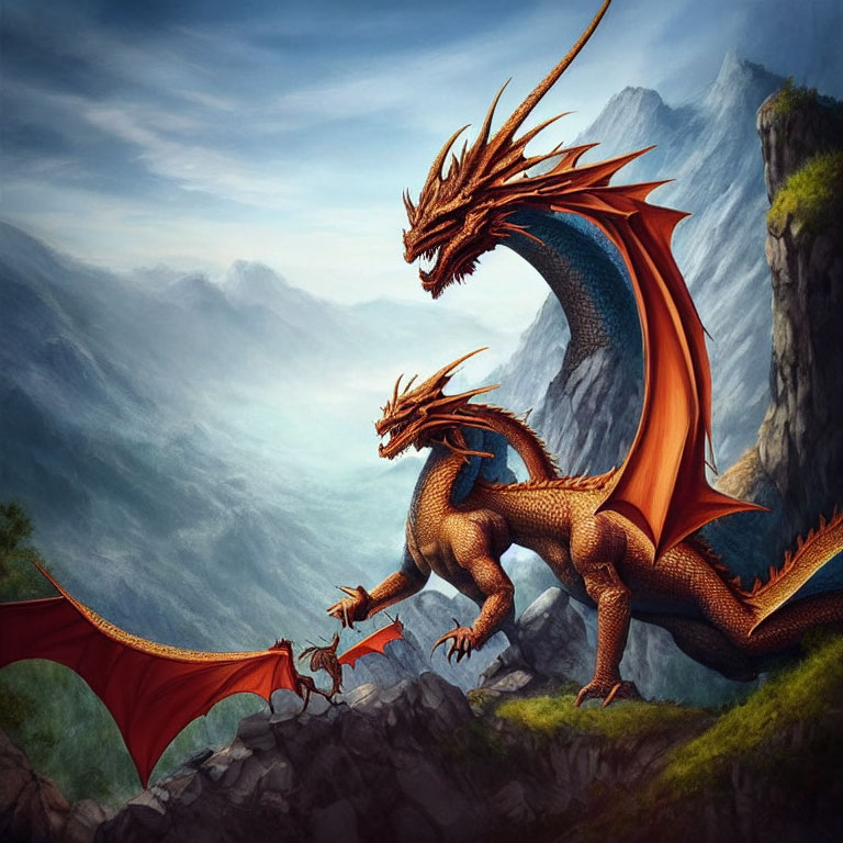 Golden two-headed dragon with red wings on mountain cliff overlooking misty valley