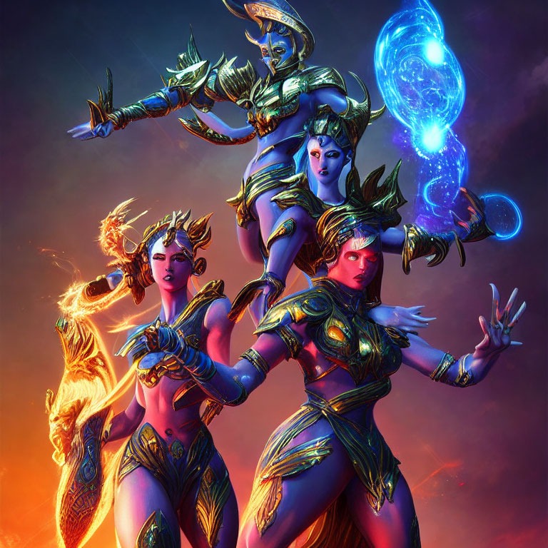 Stylized fantasy female warriors with ornate armor in fiery backdrop
