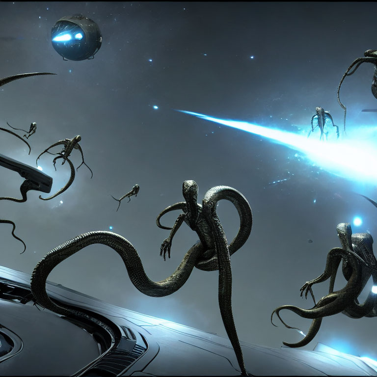 Surreal space scene with robotic tentacles and futuristic drones in a sci-fi setting