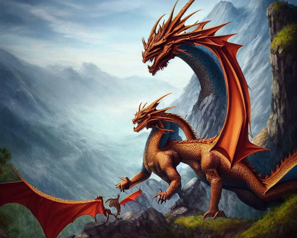 Golden two-headed dragon with red wings on mountain cliff overlooking misty valley