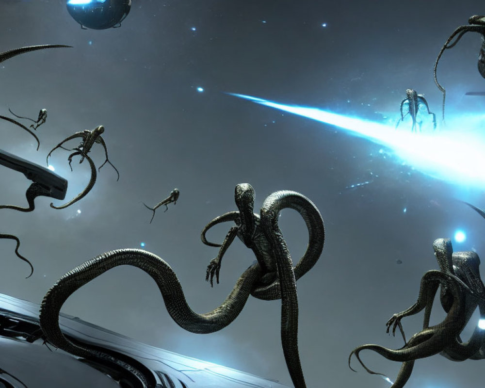 Surreal space scene with robotic tentacles and futuristic drones in a sci-fi setting