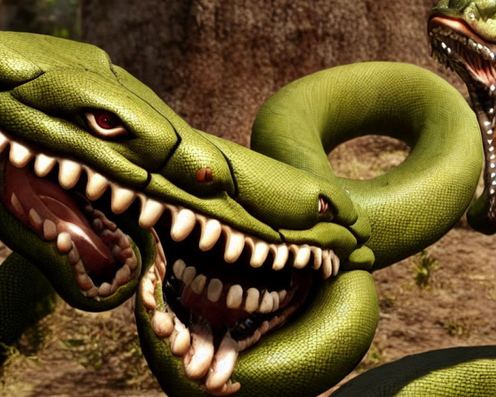Detailed Green Serpentine Creatures Displaying Sharp Teeth