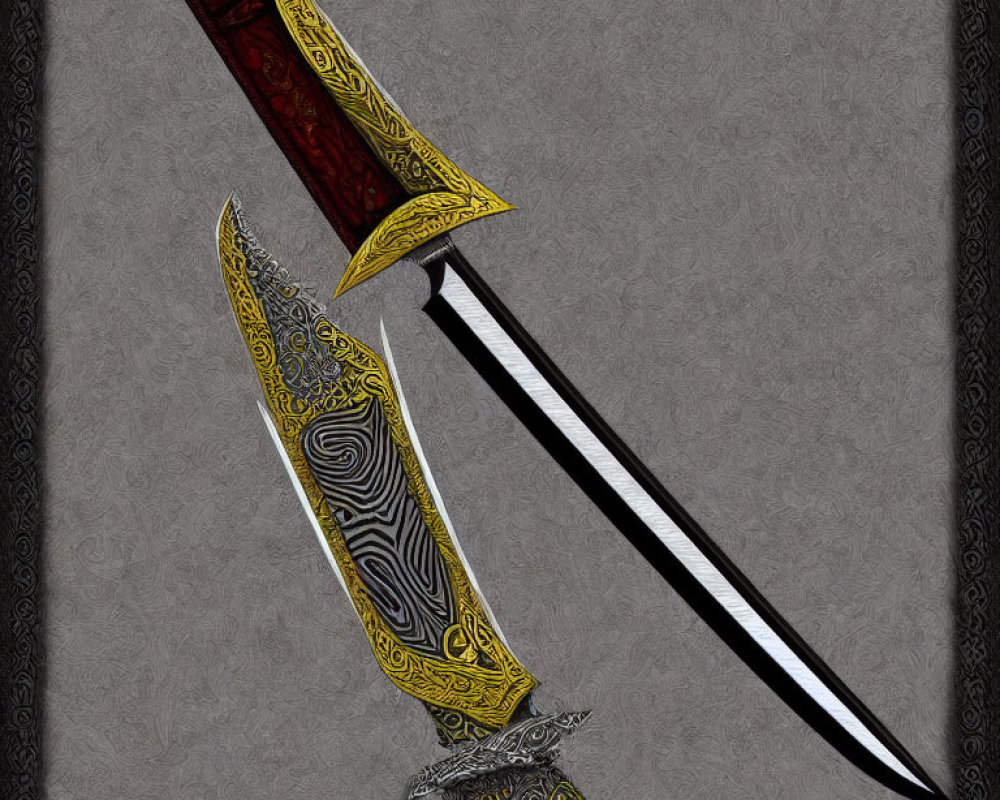 Intricately designed dagger with black and gold hilt on gray background