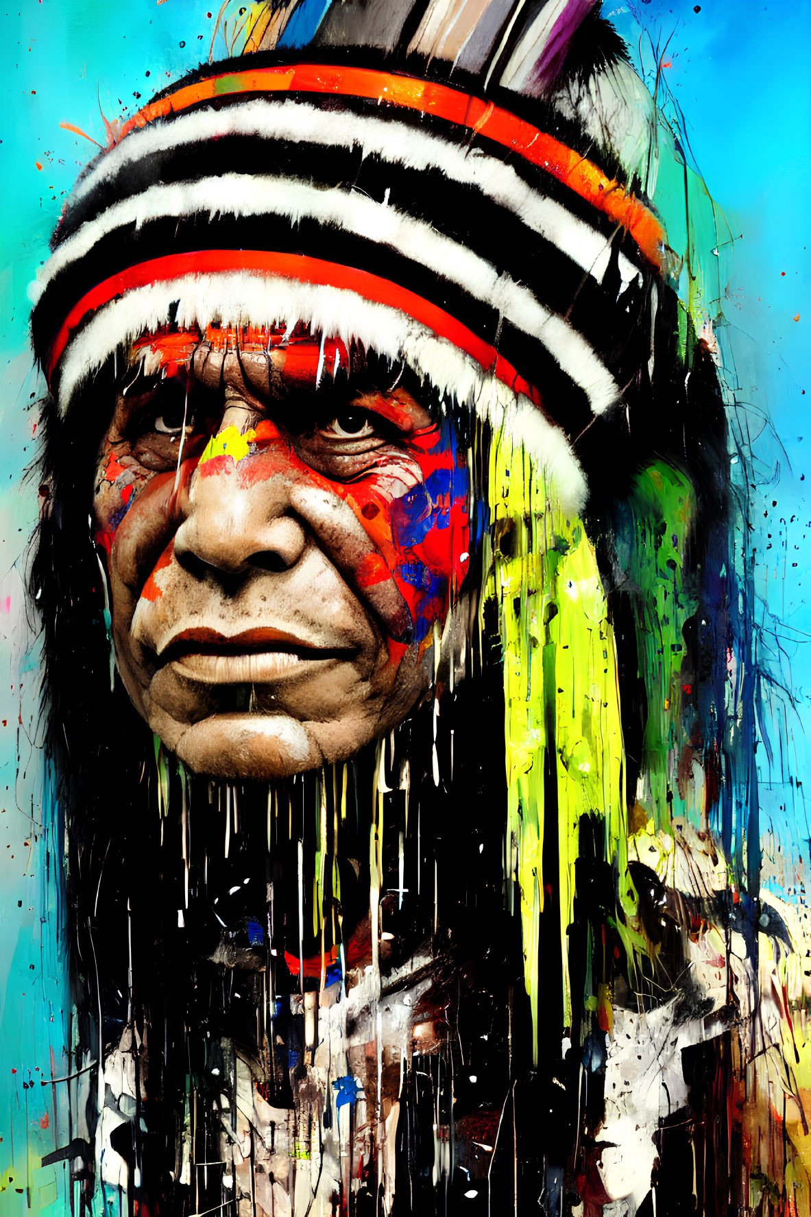 Colorful portrait with indigenous attire and face paint, expressive eyes, and dripping paint overlay.