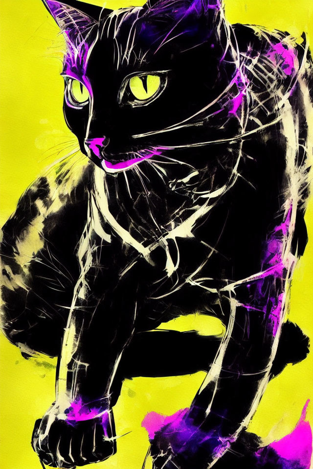 Colorful digital art: Black cat with yellow eyes and purple highlights on yellow backdrop