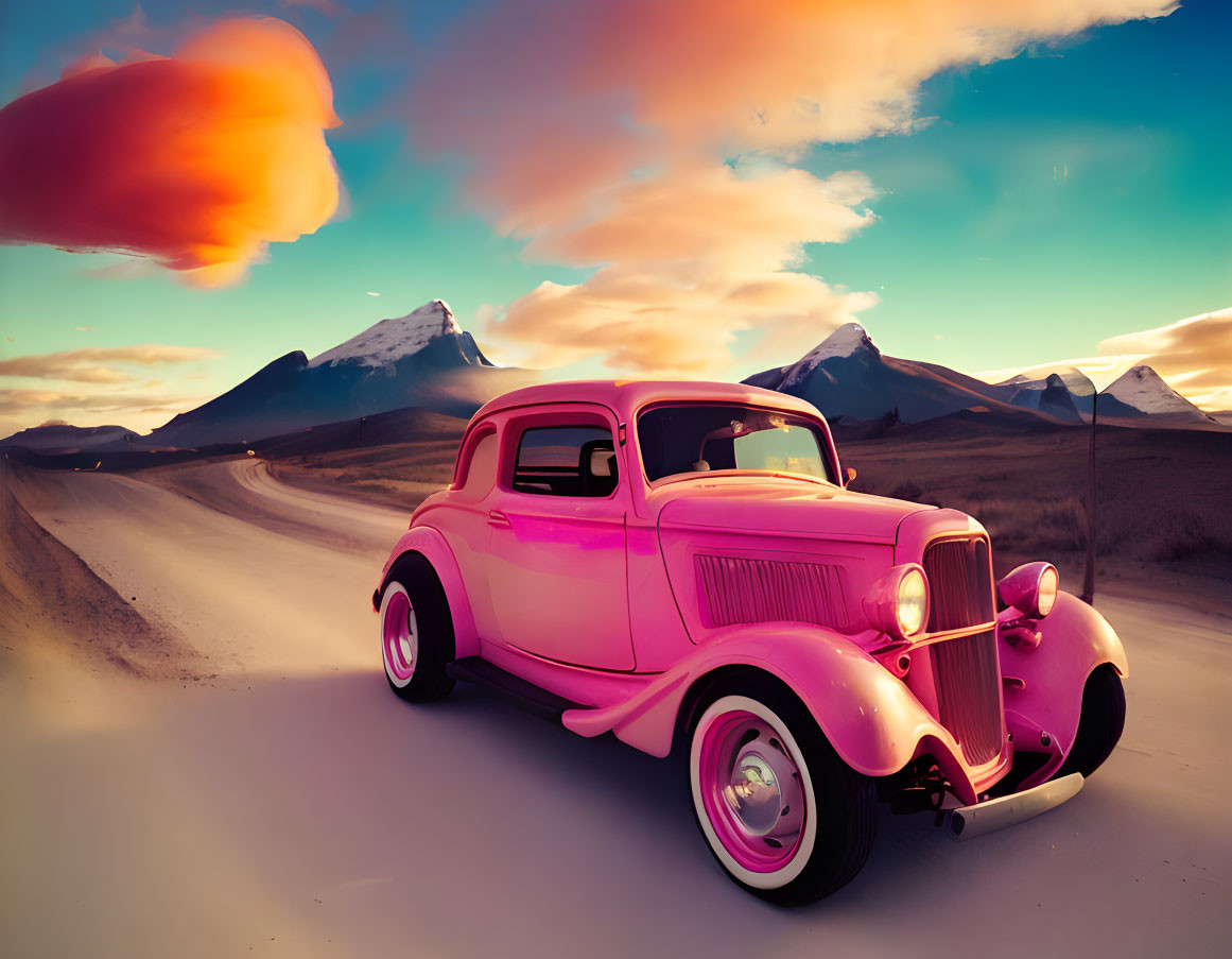 Pink vintage car on desert road at sunset with mountains and orange cloud