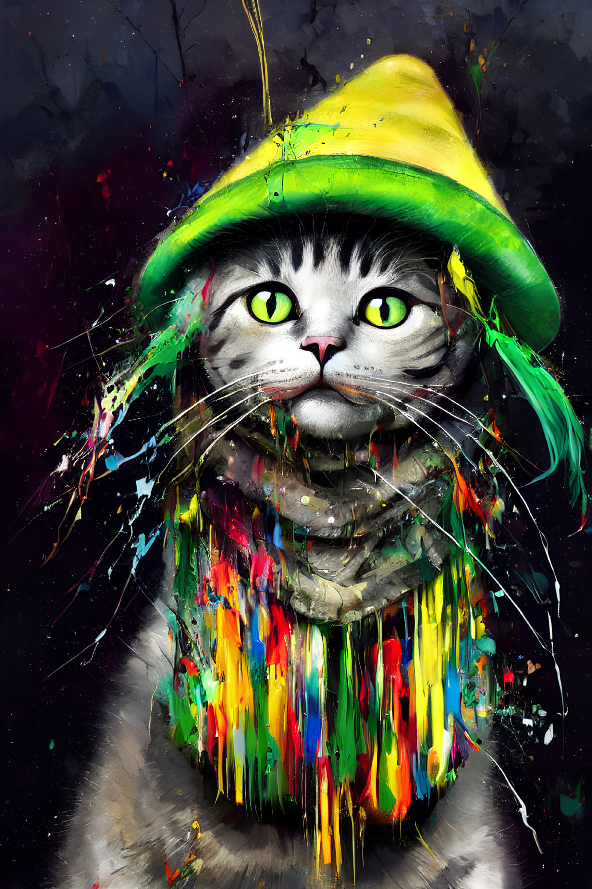 Vibrant digital artwork: Cat in yellow hat and scarf with colorful paint splatters