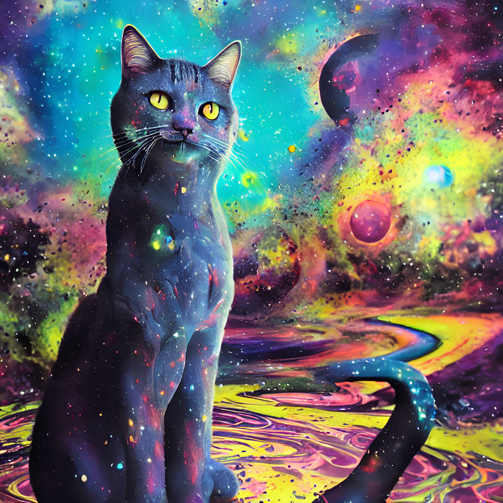 Cat with galaxy pattern on fur against vibrant space background