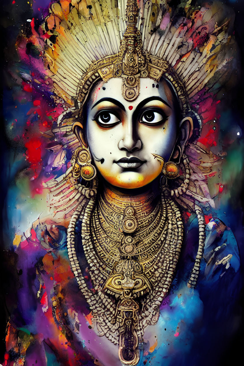 Vibrant deity illustration with traditional ornaments on abstract backdrop