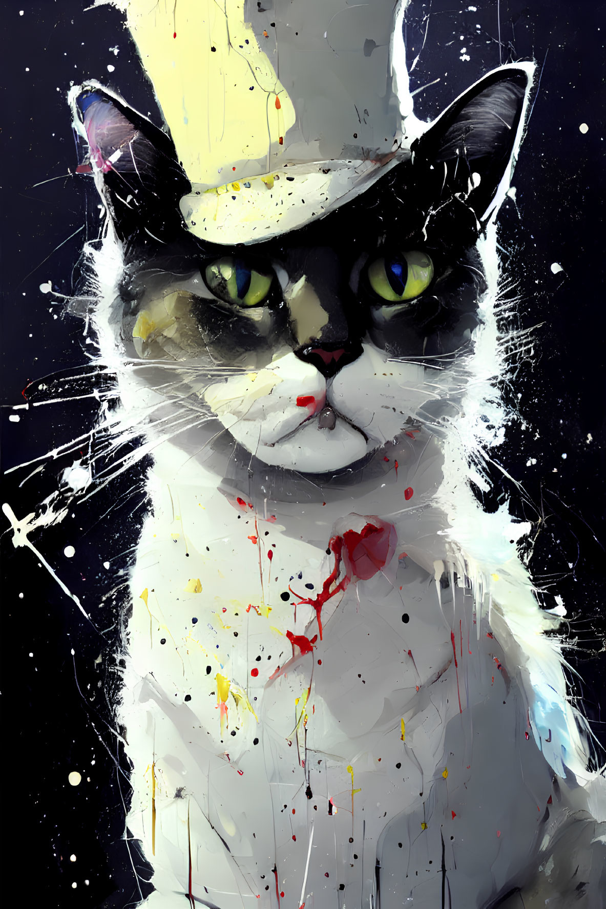 Digital painting of a cat with yellow eyes and hat in colorful splatter.