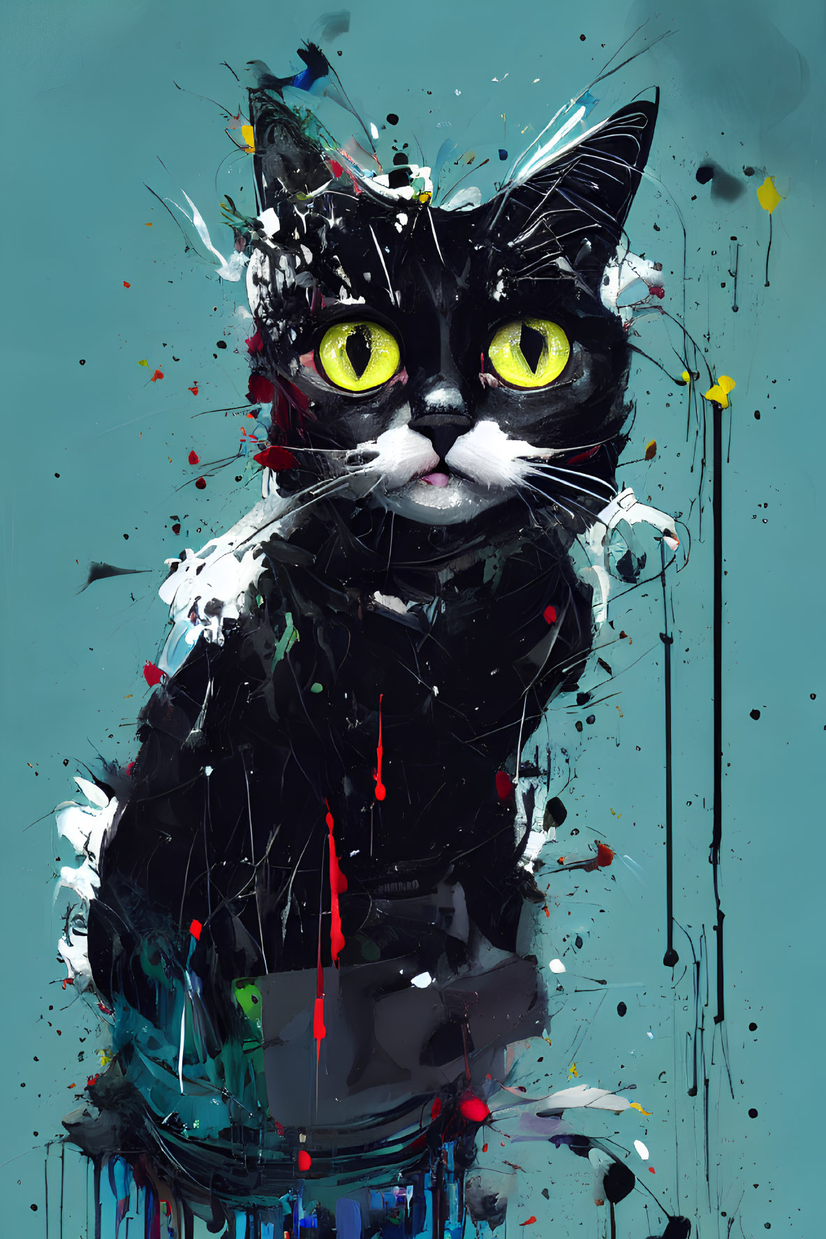 Vibrant abstract painting of a black cat with yellow eyes